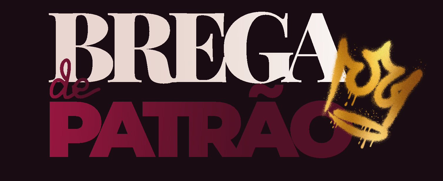 Logotipo sobre fundo preto: BREGA em rosa-claro, PATRÃO em vinho e coroa dourada