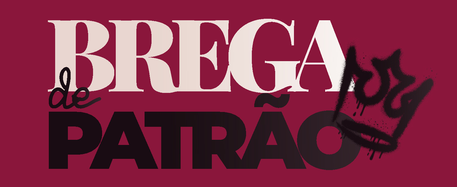 Logotipo sobre fundo vinho: BREGA em rosa-claro, PATRÃO e coroa em preto